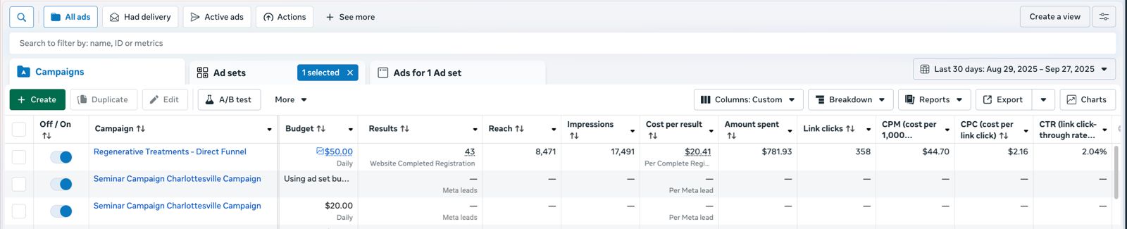 Campaign results: $20 cost per lead, 28 patients acquired